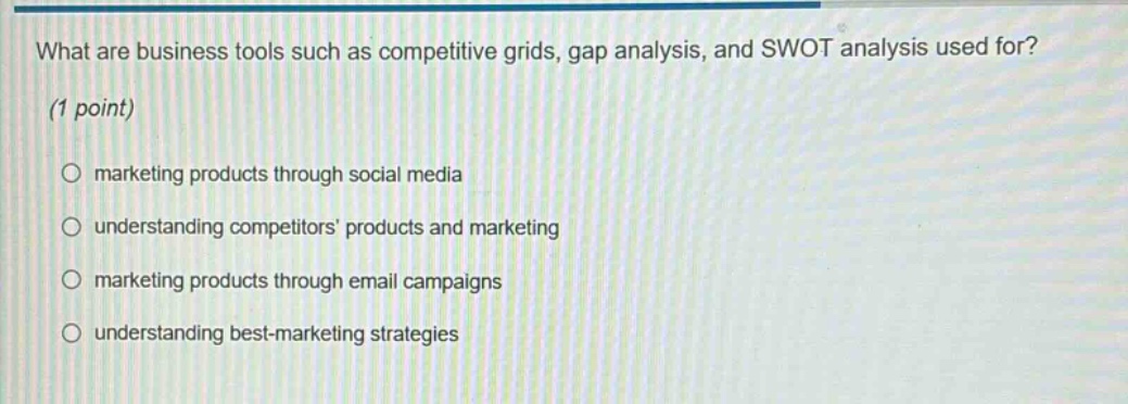 what are business tools such as competitive grids, gap analysis, and swot analysis used for? (1 point) marketing products through social media understanding competitors products and marketing marketing products through email campaigns understanding best - marketing strategies
