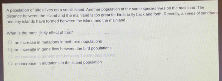 a population of birds lives on a small island. another population of the same species lives on the mainland. the distance between the island and the mainland is too great for birds to fly back and forth. recently, a series of sandbars and tiny islands have formed between the island and the mainland.\nwhat is the most likely effect of this?\no an increase in mutations in both bird populations\no an increase in gene flow between the bird populations\no an increase in genetic drift between the bird populations\no an increase in mutations in the island population