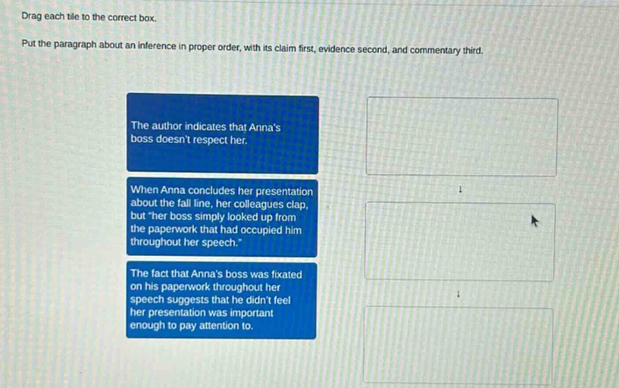 drag each tile to the correct box. put the paragraph about an inference in proper order, with its claim first, evidence second, and commentary third. the author indicates that annas boss doesnt respect her. when anna concludes her presentation about the fall line, her colleagues clap, but \her boss simply looked up from the paperwork that had occupied him throughout her speech.\ the fact that annas boss was fixated on his paperwork throughout her speech suggests that he didnt feel her presentation was important enough to pay attention to.