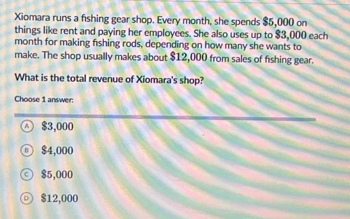 xiomara runs a fishing gear shop. every month, she spends $5,000 on things like rent and paying her employees. she also uses up to $3,000 each month for making fishing rods, depending on how many she wants to make. the shop usually makes about $12,000 from sales of fishing gear. what is the total revenue of xiomaras shop? choose 1 answer: a $3,000 b $4,000 c $5,000 d $12,000