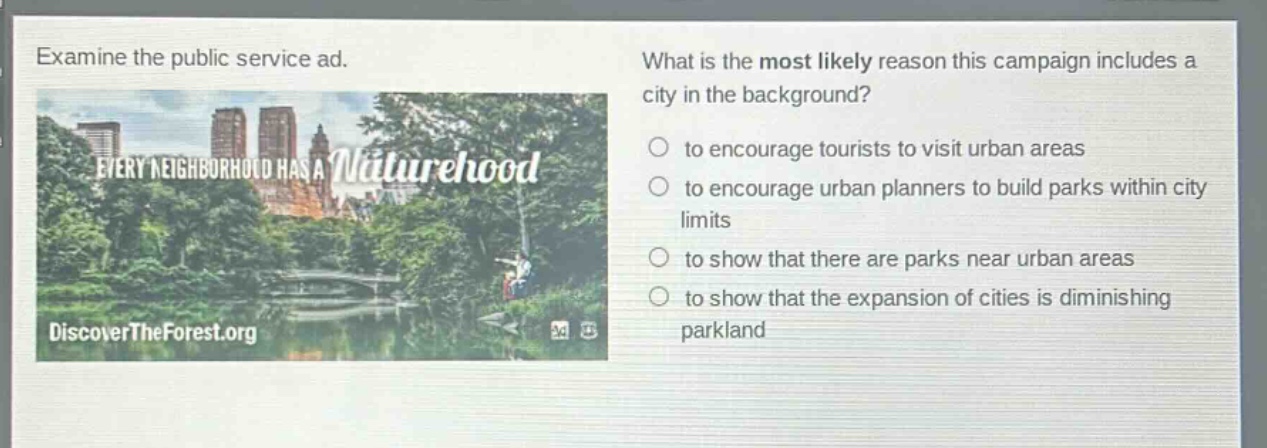 examine the public service ad. what is the most likely reason this campaign includes a city in the background? to encourage tourists to visit urban areas to encourage urban planners to build parks within city limits to show that there are parks near urban areas to show that the expansion of cities is diminishing parkland