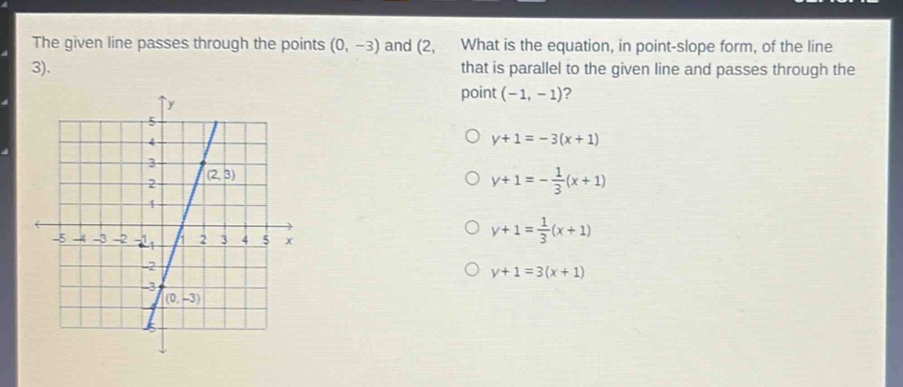 the given line passes through the points (0, -3) and (2, 3). what is the equation, in point - slope form, of the line that is parallel to the given line and passes through the point (-1, -1)?\n○ y + 1=-3(x + 1)\n○ y + 1=-\frac{1}{3}(x + 1)\n○ y + 1=\frac{1}{3}(x + 1)\n○ y + 1=3(x + 1)