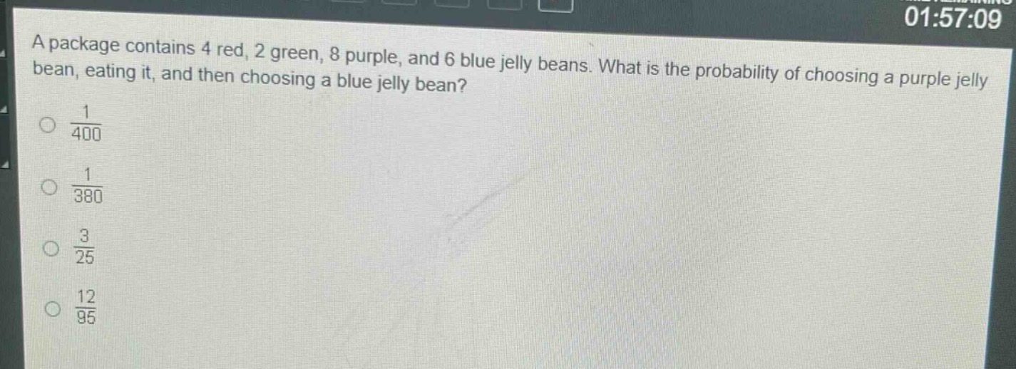 a package contains 4 red, 2 green, 8 purple, and 6 blue jelly beans. what is the probability of choosing a purple jelly bean, eating it, and then choosing a blue jelly bean?\n$\frac{1}{400}$\n$\frac{1}{380}$\n$\frac{3}{25}$\n$\frac{12}{95}$