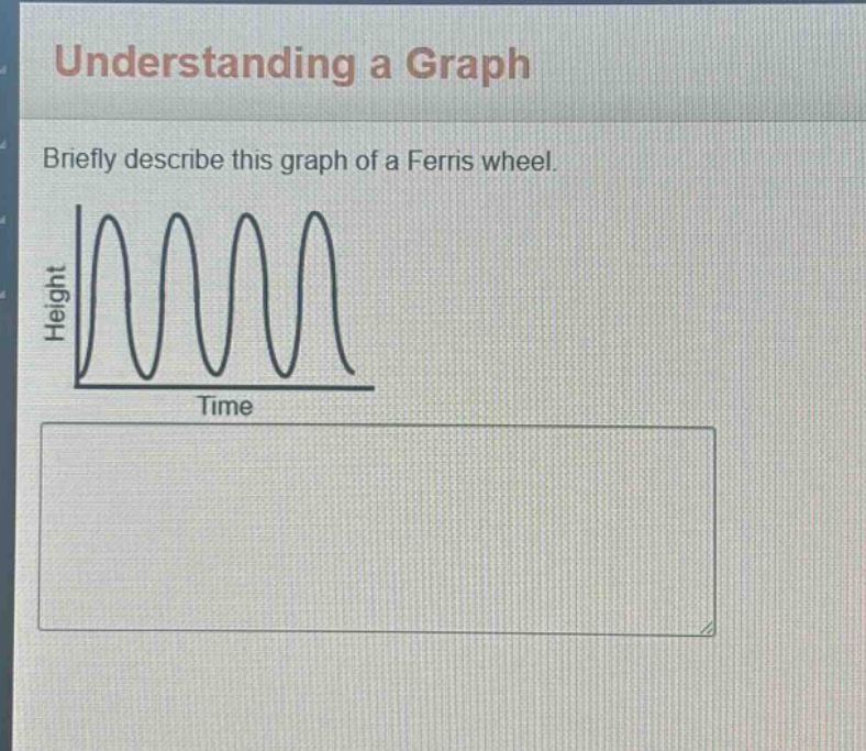 understanding a graph\nbriefly describe this graph of a ferris wheel.\nheight\ntime