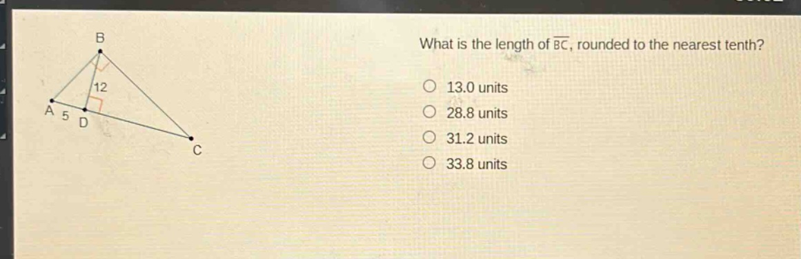 what is the length of $overline{bc}$, rounded to the nearest tenth?\n13.0 units\n28.8 units\n31.2 units\n33.8 units