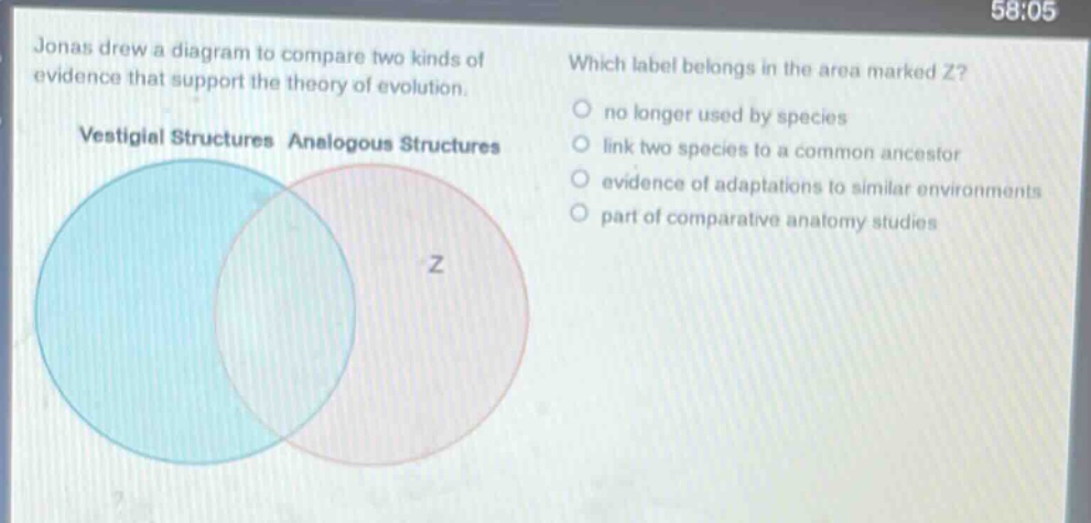 jonas drew a diagram to compare two kinds of evidence that support the theory of evolution. which label belongs in the area marked z? vestigial structures analogous structures no longer used by species link two species to a common ancestor evidence of adaptations to similar environments part of comparative anatomy studies