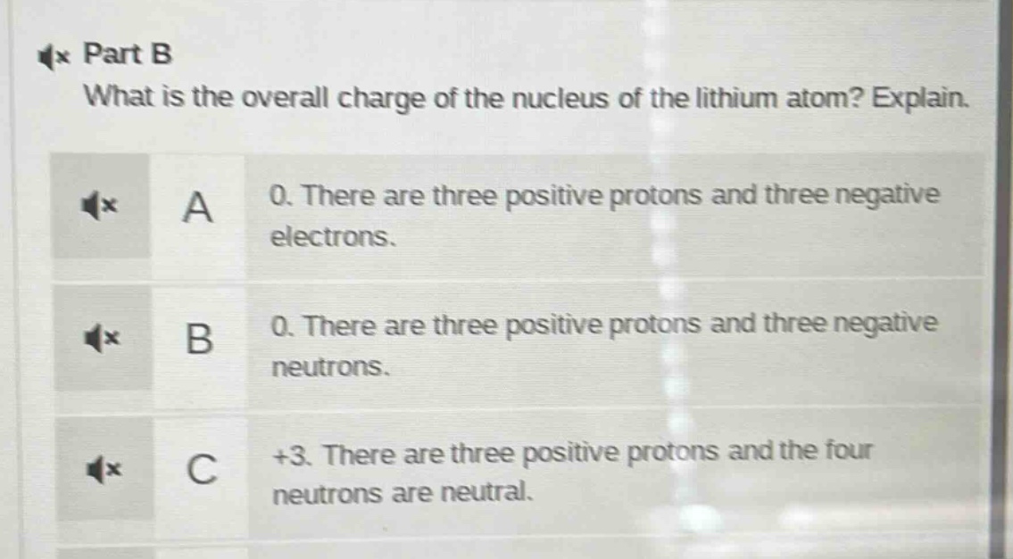 part b\nwhat is the overall charge of the nucleus of the lithium atom? explain.\na 0. there are three positive protons and three negative electrons.\nb 0. there are three positive protons and three negative neutrons.\nc +3. there are three positive protons and the four neutrons are neutral.