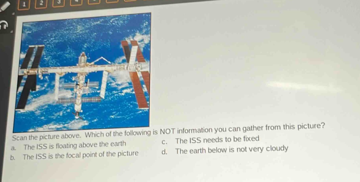 scan the picture above. which of the following is not information you can gather from this picture? a. the iss is floating above the earth b. the iss is the focal point of the picture c. the iss needs to be fixed d. the earth below is not very cloudy
