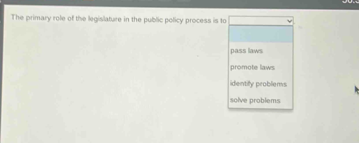 the primary role of the legislature in the public policy process is to pass laws promote laws identify problems solve problems