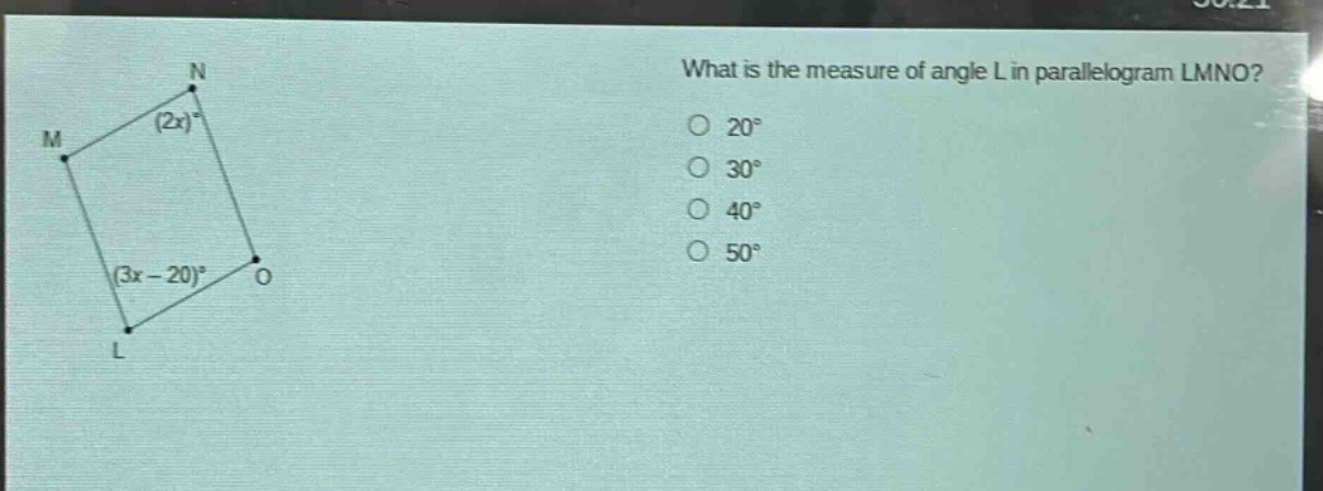 what is the measure of angle l in parallelogram lmno?\n20°\n30°\n40°\n50°
