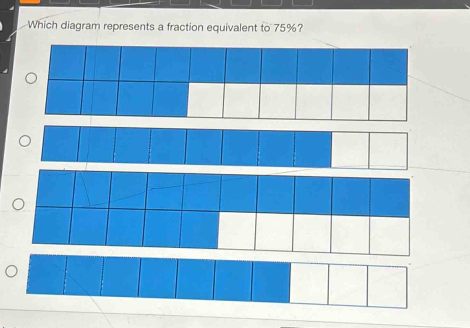 which diagram represents a fraction equivalent to 75%?