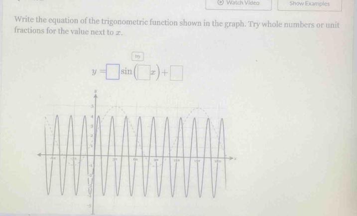 write the equation of the trigonometric function shown in the graph. try whole numbers or unit fractions for the value next to x.\n$y=squaresin(square x)+square$
