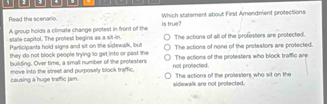 read the scenario. a group holds a climate change protest in front of the state capitol. the protest begins as a sit - in. participants hold signs and sit on the sidewalk, but they do not block people trying to get into or past the building. over time, a small number of the protesters move into the street and purposely block traffic, causing a huge traffic jam. which statement about first amendment protections is true? the actions of all of the protesters are protected. the actions of none of the protesters are protected. the actions of the protesters who block traffic are not protected. the actions of the protesters who sit on the sidewalk are not protected.