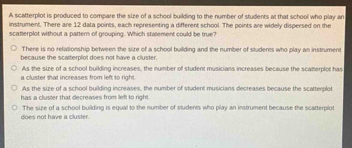 a scatterplot is produced to compare the size of a school building to the number of students at that school who play an instrument. there are 12 data points, each representing a different school. the points are widely dispersed on the scatterplot without a pattern of grouping. which statement could be true?\nthere is no relationship between the size of a school building and the number of students who play an instrument because the scatterplot does not have a cluster.\nas the size of a school building increases, the number of student musicians increases because the scatterplot has a cluster that increases from left to right.\nas the size of a school building increases, the number of student musicians decreases because the scatterplot has a cluster that decreases from left to right.\nthe size of a school building is equal to the number of students who play an instrument because the scatterplot does not have a cluster.