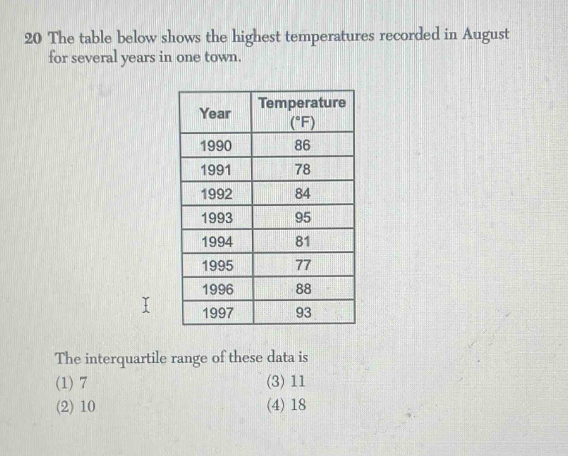 20 the table below shows the highest temperatures recorded in august for several years in one town.\n| year | temperature (°f) |\n| ---- | ---- |\n| 1990 | 86 |\n| 1991 | 78 |\n| 1992 | 84 |\n| 1993 | 95 |\n| 1994 | 81 |\n| 1995 | 77 |\n| 1996 | 88 |\n| 1997 | 93 |\nthe interquartile range of these data is\n(1) 7\n(2) 10\n(3) 11\n(4) 18