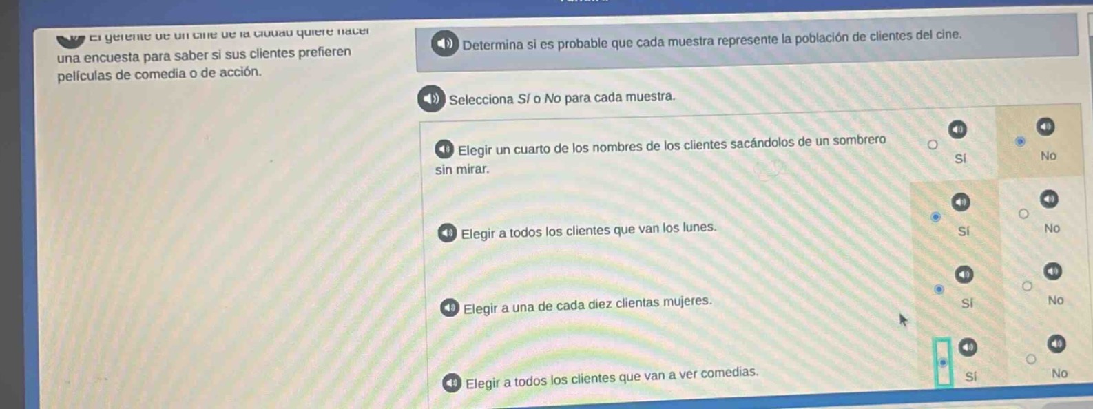 el gerente de un cine quiere hacer una encuesta para saber si sus clientes prefieren películas de comedia o de acción. determina si es probable que cada muestra represente la población de clientes del cine. selecciona sí o no para cada muestra. elegir un cuarto de los nombres de los clientes sacándolos de un sombrero sin mirar. elegir a todos los clientes que van los lunes. elegir a una de cada diez clientes mujeres. elegir a todos los clientes que van a ver comedias.