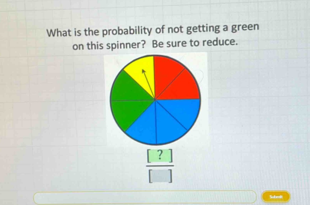 what is the probability of not getting a green on this spinner? be sure to reduce.