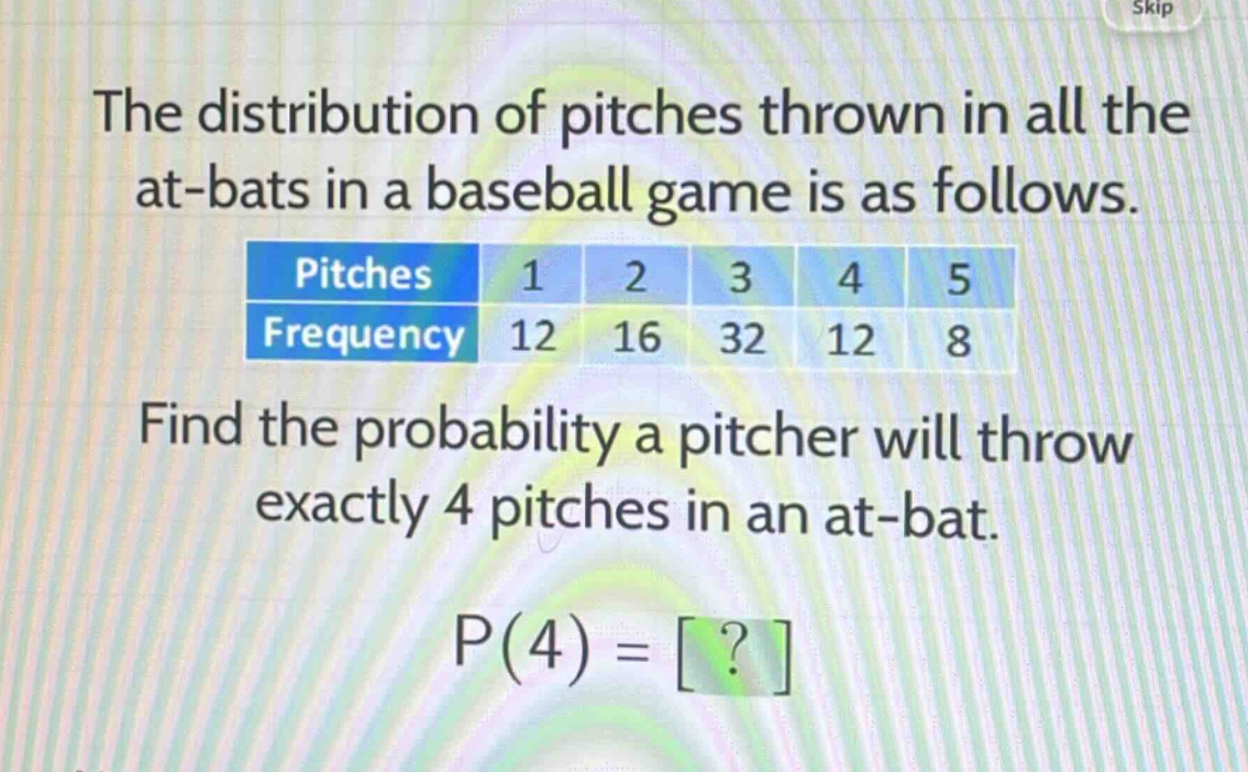 the distribution of pitches thrown in all the at - bats in a baseball game is as follows.\n| pitches | 1 | 2 | 3 | 4 | 5 |\n| frequency | 12 | 16 | 32 | 12 | 8 |\nfind the probability a pitcher will throw exactly 4 pitches in an at - bat.\np(4)=?