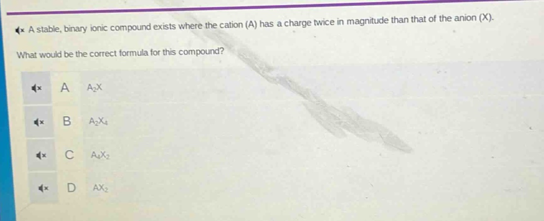 a stable, binary ionic compound exists where the cation (a) has a charge twice in magnitude than that of the anion (x). what would be the correct formula for this compound? a a₂x b a₂x₄ c a₄x₂ d ax₂