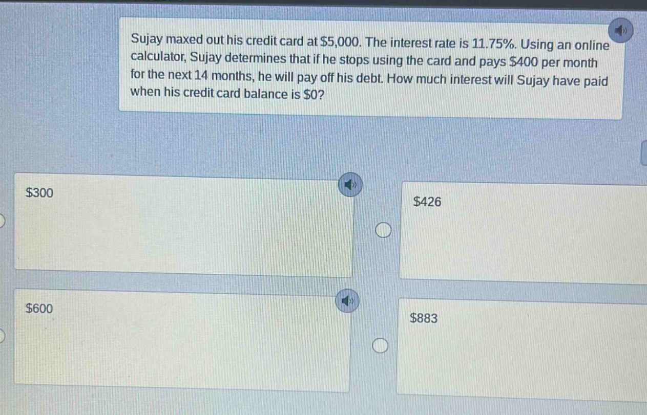sujay maxed out his credit card at $5,000. the interest rate is 11.75%. using an online calculator, sujay determines that if he stops using the card and pays $400 per month for the next 14 months, he will pay off his debt. how much interest will sujay have paid when his credit card balance is $0? $300 $426 $600 $883
