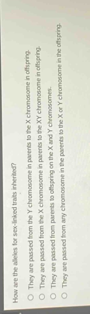 how are the alleles for sex - linked traits inherited?\nthey are passed from the y chromosome in parents to the x chromosome in offspring.\nthey are passed from the x chromosome in parents to the xy chromosome in offspring.\nthey are passed from parents to offspring on the x and y chromosomes.\nthey are passed from any chromosome in the parents to the x or y chromosome in the offspring.