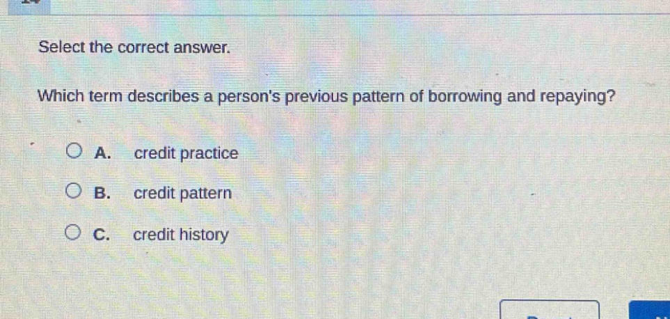 select the correct answer. which term describes a persons previous pattern of borrowing and repaying? a. credit practice b. credit pattern c. credit history