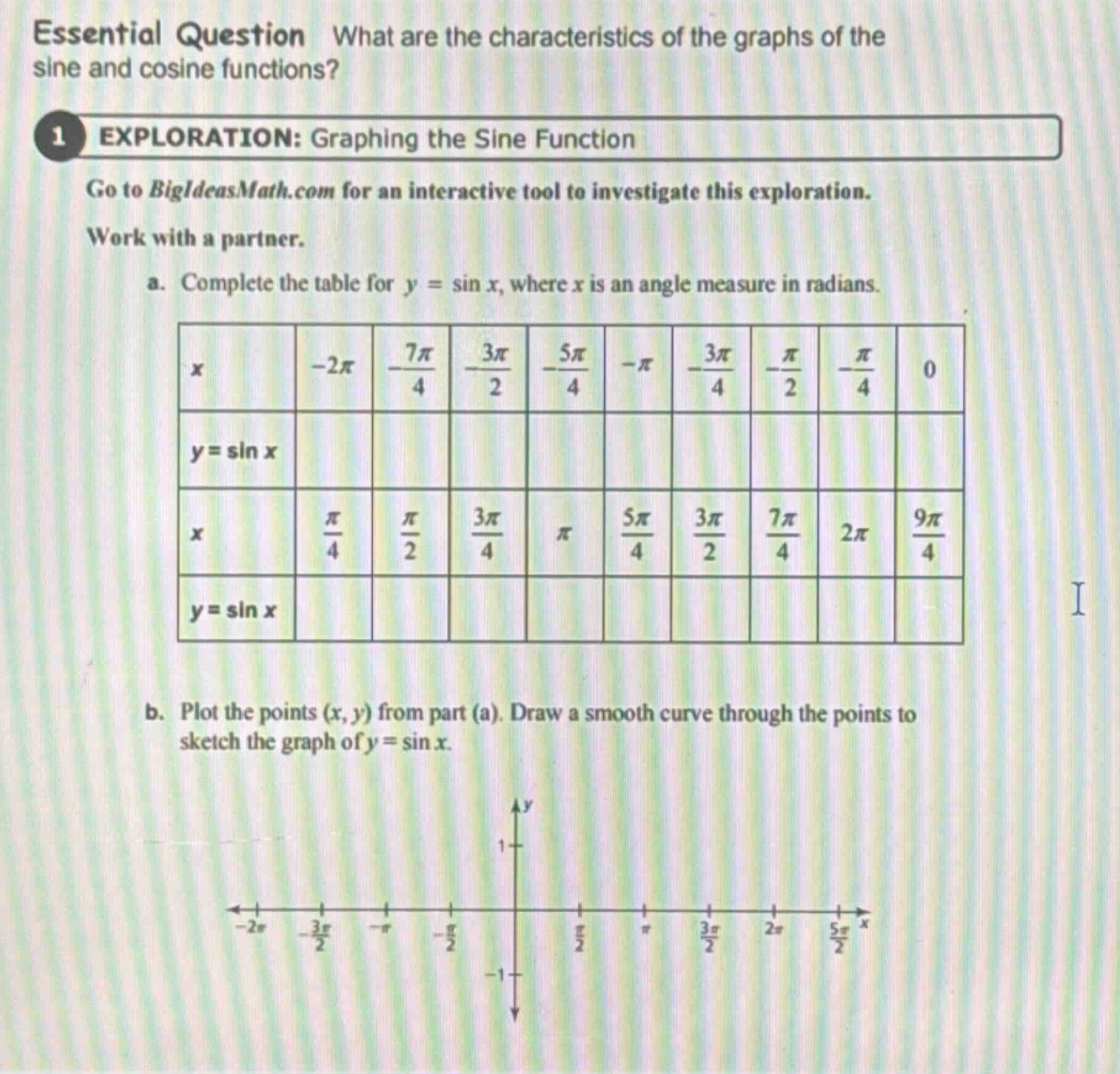 essential question what are the characteristics of the graphs of the sine and cosine functions?\n1 exploration: graphing the sine function\ngo to bigideasmath.com for an interactive tool to investigate this exploration.\nwork with a partner.\na. complete the table for (y = sin x), where (x) is an angle measure in radians.\n| (x) | (-2pi) | (\frac{7pi}{4}) | (\frac{3pi}{2}) | (-\frac{5pi}{4}) | (-pi) | (-\frac{3pi}{4}) | (-\frac{pi}{2}) | (-\frac{pi}{4}) | (0) |\n| (y = sin x) | | | | | | | | | |\n| (x) | (\frac{pi}{4}) | (\frac{pi}{2}) | (\frac{3pi}{4}) | (pi) | (\frac{5pi}{4}) | (\frac{3pi}{2}) | (\frac{7pi}{4}) | (2pi) | (\frac{9pi}{4}) |\n| (y = sin x) | | | | | | | | | |\nb. plot the points ((x,y)) from part (a). draw a smooth curve through the points to sketch the graph of (y=sin x).