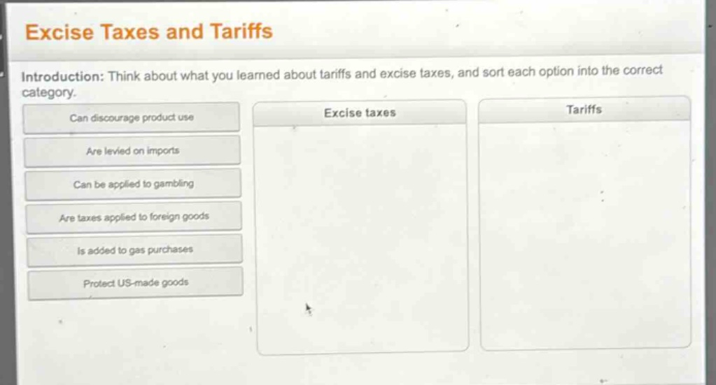 excise taxes and tariffs\nintroduction: think about what you learned about tariffs and excise taxes, and sort each option into the correct category.\ncan discourage product use\nare levied on imports\ncan be applied to gambling\nare taxes applied to foreign goods\nis added to gas purchases\nprotect us - made goods