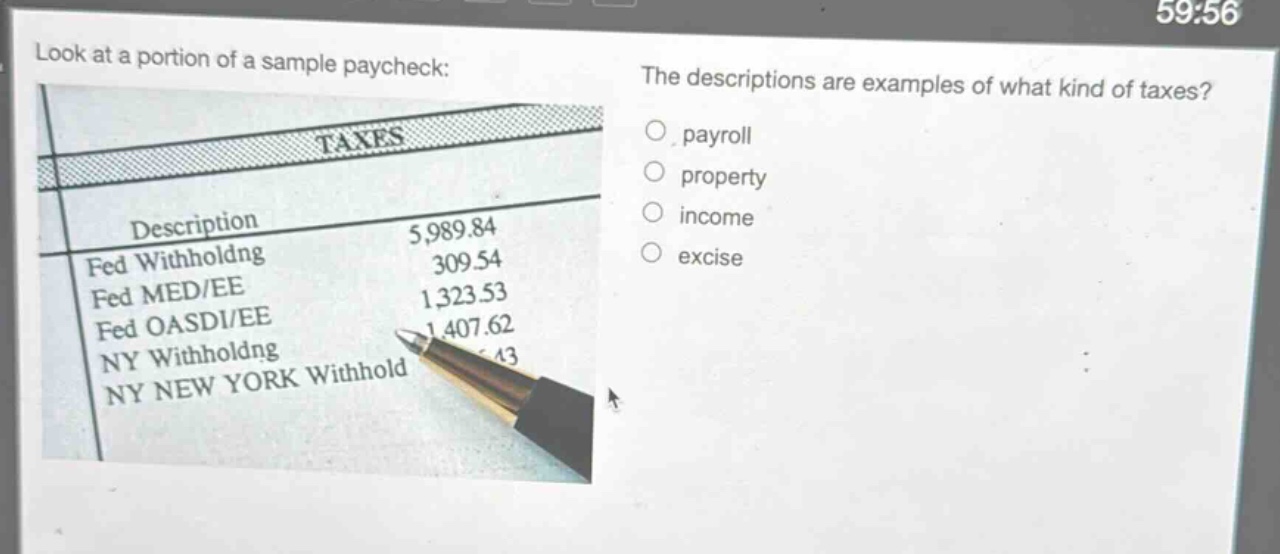 look at a portion of a sample paycheck: the descriptions are examples of what kind of taxes? taxes description 5,989.84 309.54 fed withholding fed med/ee 1,323.53 fed oasdi/ee 1,407.62 ny withholding ny new york withhold 43 payroll property income excise