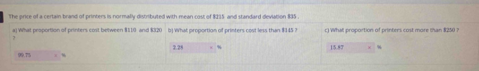 the price of a certain brand of printers is normally distributed with mean cost of $215 and standard deviation $35.\na) what proportion of printers cost between $110 and $320?\nb) what proportion of printers cost less than $145?\nc) what proportion of printers cost more than $250?