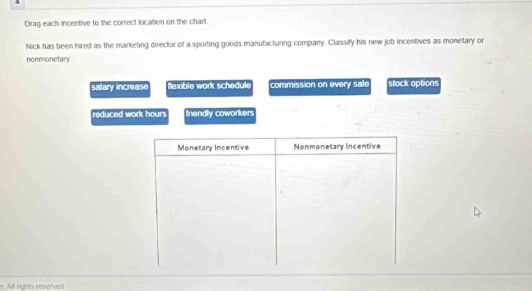 drag each incentive to the correct location on the chart. nick has been hired as the marketing director of a sporting goods manufacturing company. classify his new job incentives as monetary or nonmonetary. salary increase flexible work schedule commission on every sale stock options reduced work hours friendly coworkers monetary incentive nonmonetary incentive