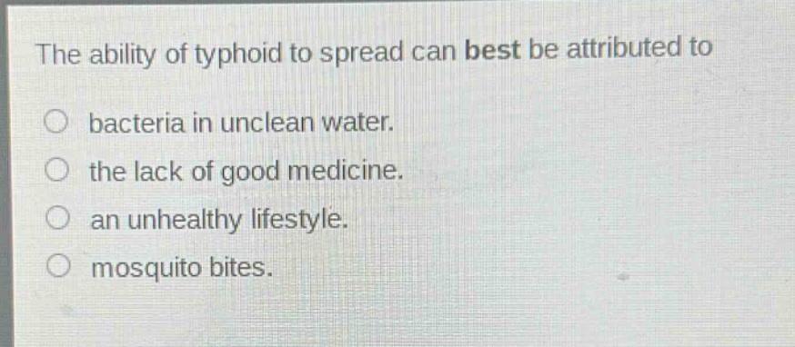 the ability of typhoid to spread can best be attributed to\nbacteria in unclean water.\nthe lack of good medicine.\nan unhealthy lifestyle.\nmosquito bites.