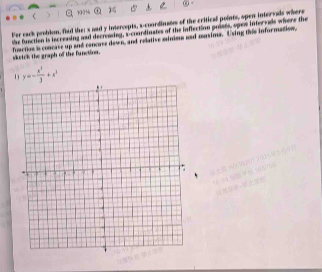 for each problem, find the x and y - intercepts, x - coordinates of the critical points, open intervals where the function is increasing and decreasing, x - coordinates of the inflection points, open intervals where the function is concave up and concave down, and relative minima and maxima. using this information, sketch the graph of the function.\n1) $y = -\\frac{x^{3}}{3}+x^{2}$