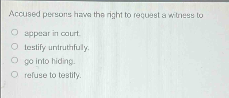 accused persons have the right to request a witness to\no appear in court.\no testify untruthfully.\no go into hiding.\no refuse to testify.