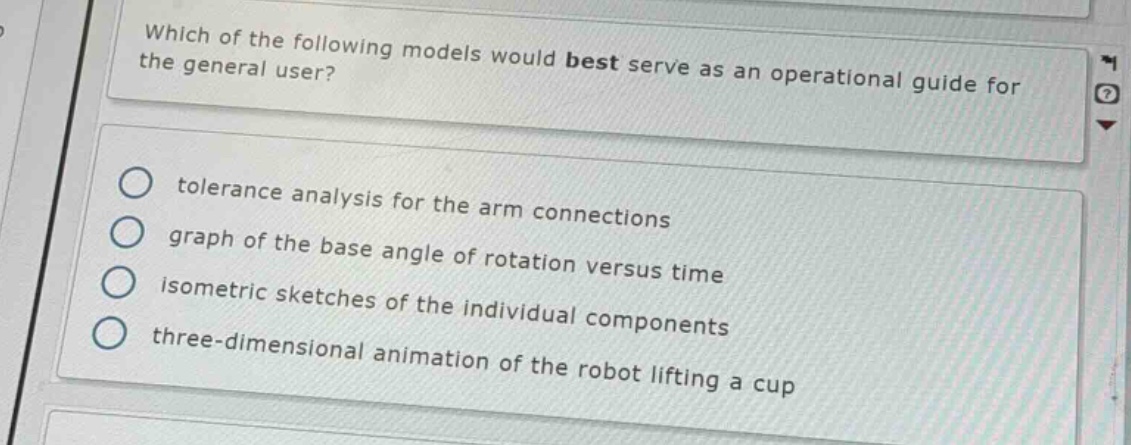 which of the following models would best serve as an operational guide for the general user?\ntolerance analysis for the arm connections\ngraph of the base angle of rotation versus time\nisometric sketches of the individual components\nthree - dimensional animation of the robot lifting a cup