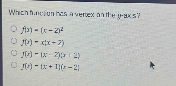 which function has a vertex on the y - axis?\n$f(x)=(x - 2)^2$\n$f(x)=x(x + 2)$\n$f(x)=(x - 2)(x + 2)$\n$f(x)=(x + 1)(x - 2)$