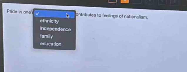 pride in ones contributes to feelings of nationalism.\nethnicity\nindependence\nfamily\neducation