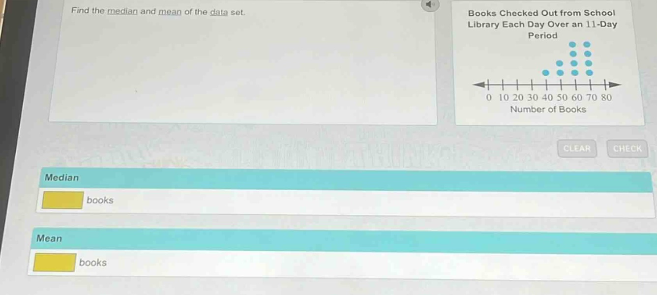 find the median and mean of the data set. books checked out from school library each day over an 11 - day period median books mean books
