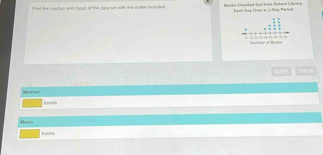 find the median and mean of the data set with the outlier included. books checked out from school library each day over a 12 - day period median books mean books