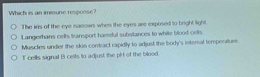 which is an immune response?\no the iris of the eye narrows when the eyes are exposed to bright light.\no langerhans cells transport harmful substances to white blood cells.\no muscles under the skin contract rapidly to adjust the bodys internal temperature.\no t cells signal b cells to adjust the ph of the blood.