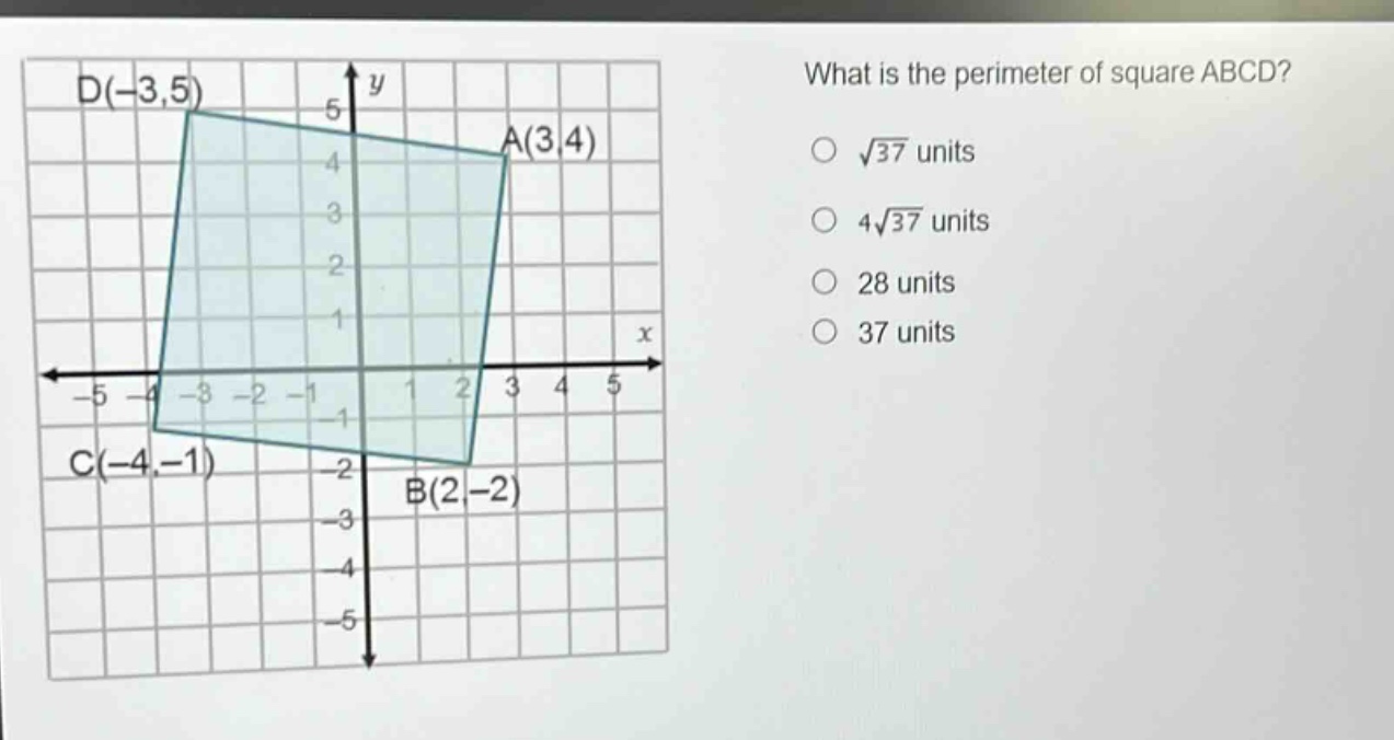 what is the perimeter of square abcd?\n√37 units\n4√37 units\n28 units\n37 units