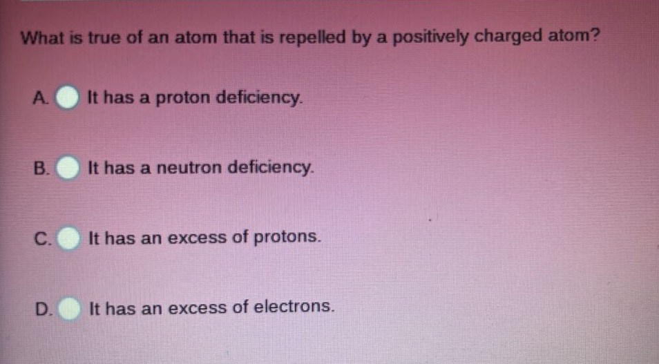 what is true of an atom that is repelled by a positively charged atom?\na. it has a proton deficiency.\nb. it has a neutron deficiency.\nc. it has an excess of protons.\nd. it has an excess of electrons.