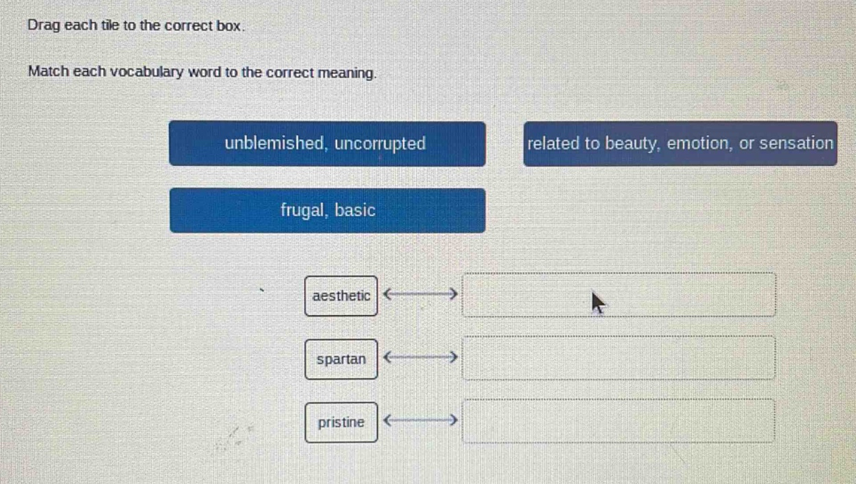 drag each tile to the correct box. match each vocabulary word to the correct meaning. unblemished, uncorrupted related to beauty, emotion, or sensation frugal, basic aesthetic spartan pristine