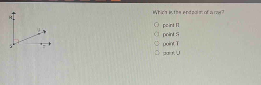 which is the endpoint of a ray?\npoint r\npoint s\npoint t\npoint u