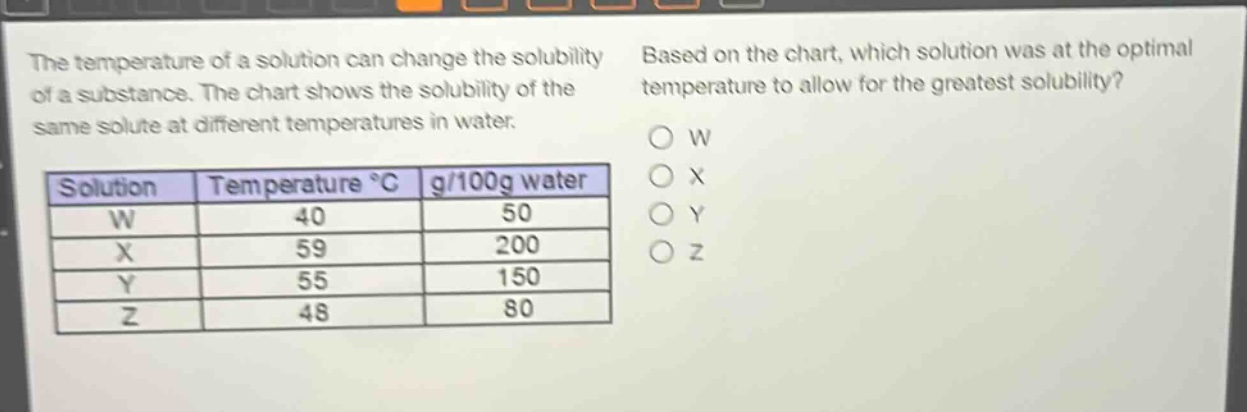 the temperature of a solution can change the solubility of a substance. the chart shows the solubility of the same solute at different temperatures in water. based on the chart, which solution was at the optimal temperature to allow for the greatest solubility?\n|solution|temperature °c|g/100g water|\n|----|----|----|\n|w|40|50|\n|x|59|200|\n|y|55|150|\n|z|48|80|\no w\no x\no y\no z