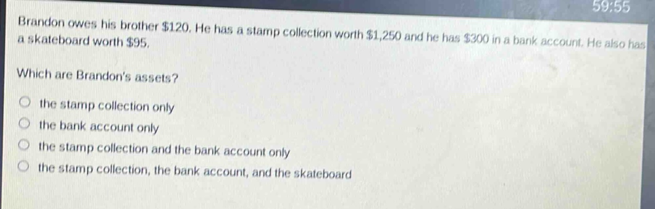 brandon owes his brother $120. he has a stamp collection worth $1,250 and he has $300 in a bank account. he also has a skateboard worth $95.\nwhich are brandons assets?\n○ the stamp collection only\n○ the bank account only\n○ the stamp collection and the bank account only\n○ the stamp collection, the bank account, and the skateboard