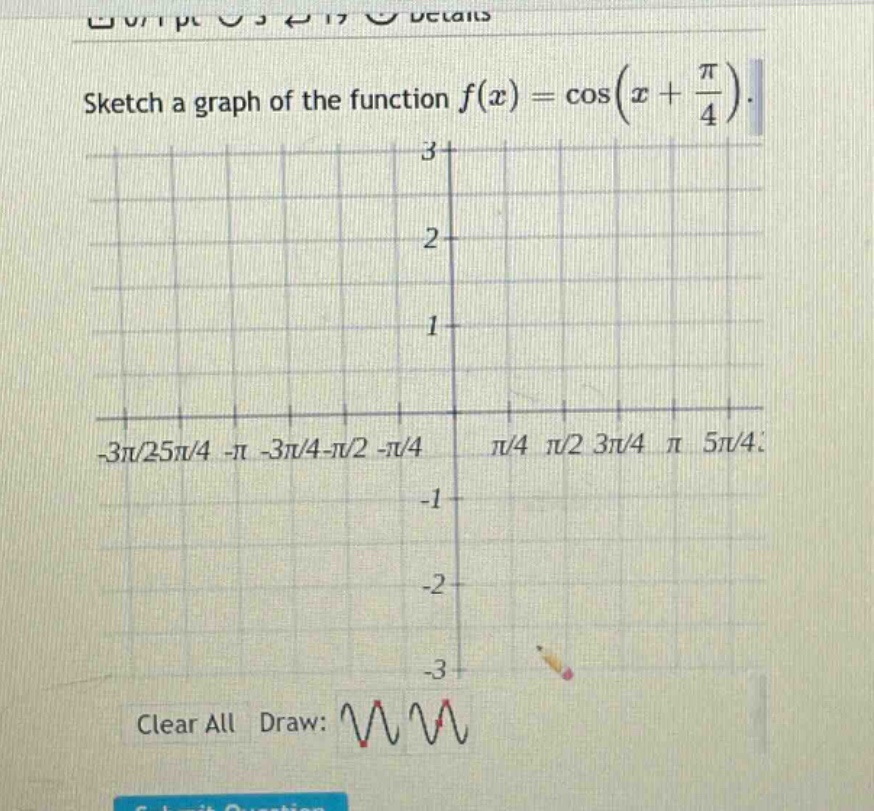sketch a graph of the function $f(x)=cos(x + \frac{pi}{4})$.