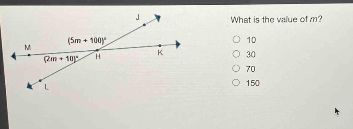 what is the value of m?\n10\n30\n70\n150\n(5m + 100)°\n(2m + 10)°
