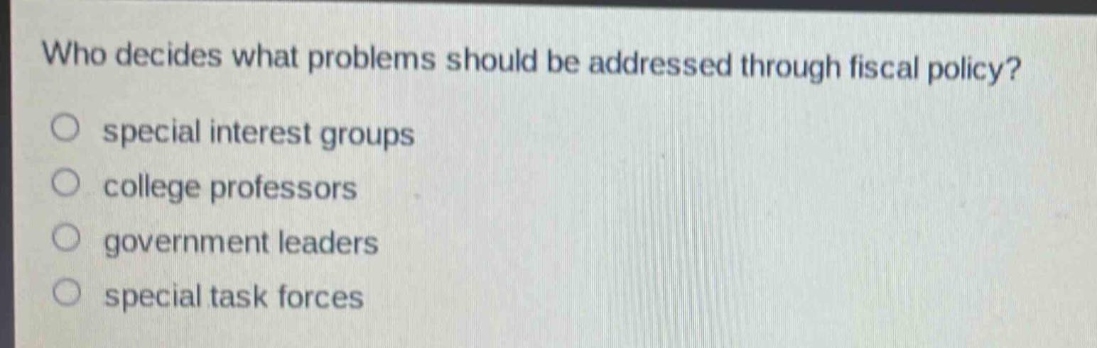 who decides what problems should be addressed through fiscal policy?\n○ special interest groups\n○ college professors\n○ government leaders\n○ special task forces