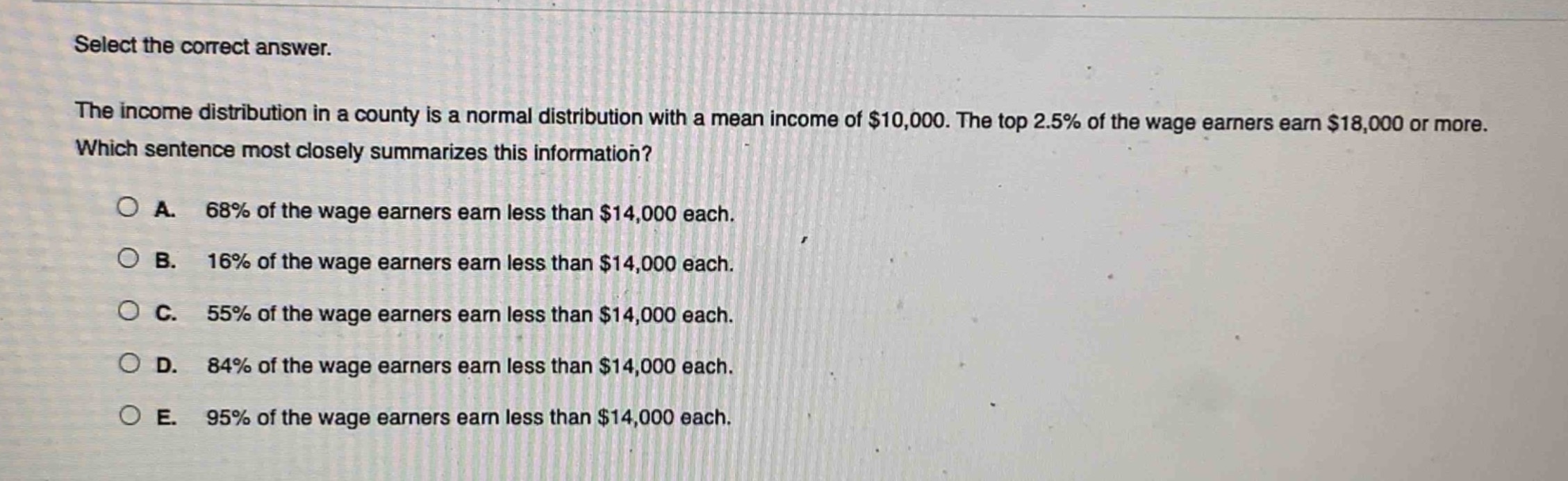 select the correct answer.\nthe income distribution in a county is a normal distribution with a mean income of $10,000. the top 2.5% of the wage earners earn $18,000 or more.\nwhich sentence most closely summarizes this information?\n\na. 68% of the wage earners earn less than $14,000 each.\nb. 16% of the wage earners earn less than $14,000 each.\nc. 55% of the wage earners earn less than $14,000 each.\nd. 84% of the wage earners earn less than $14,000 each.\ne. 95% of the wage earners earn less than $14,000 each.